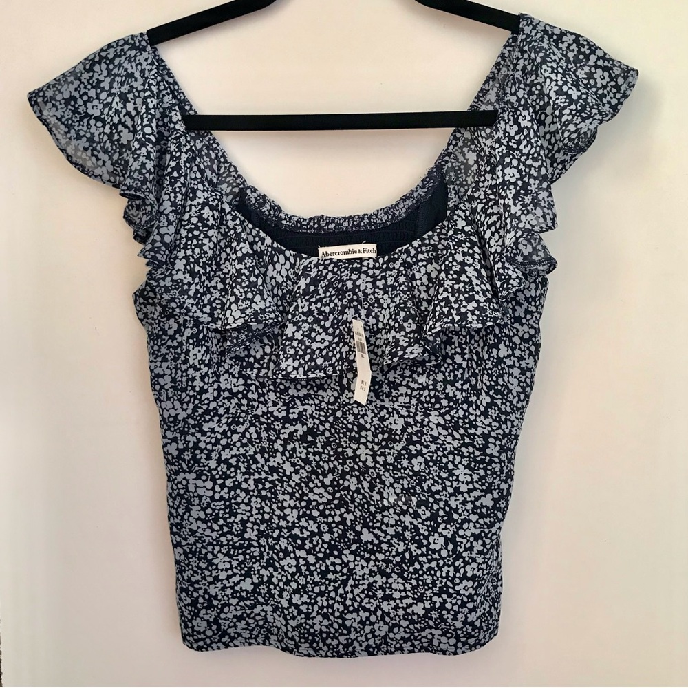 NWT Abercrombie & Fitch Navy Floral Ruffle Sleeveless Blouse